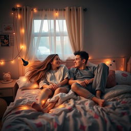 A young couple in a cozy bedroom, relaxed and enjoying each other's company, lying together on a bed