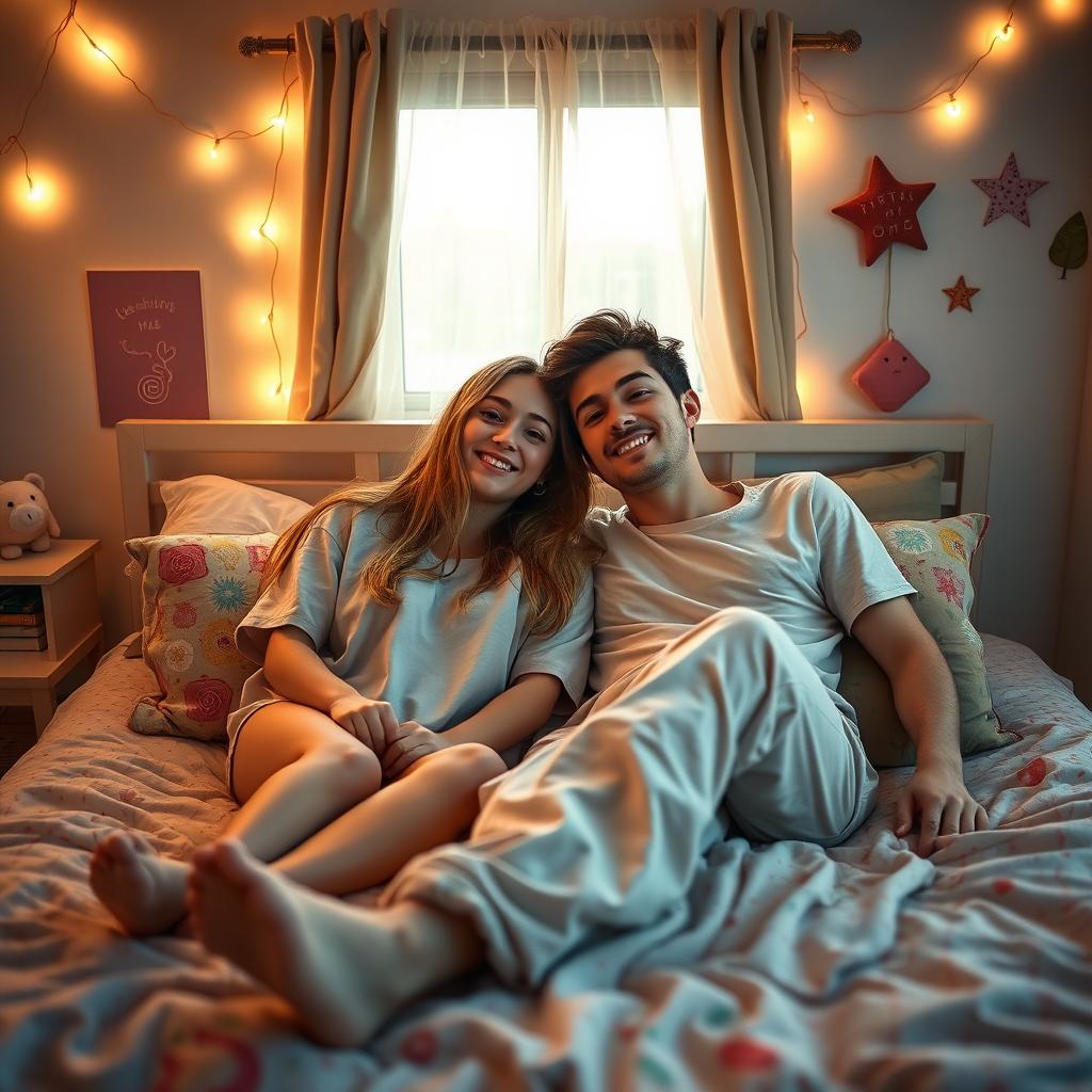 A young couple in a cozy bedroom, relaxed and enjoying each other's company, lying together on a bed