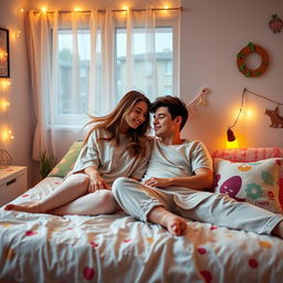 A young couple in a cozy bedroom, relaxed and enjoying each other's company, lying together on a bed
