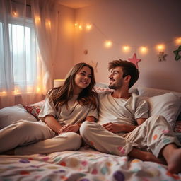 A young couple in a cozy bedroom, relaxed and enjoying each other's company, lying together on a bed