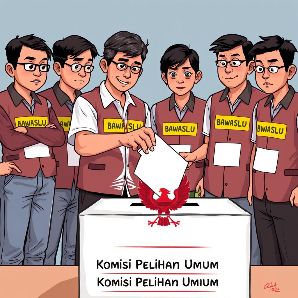 A 2D illustration featuring several election supervisors in Indonesia wearing vests labeled 'Bawaslu'