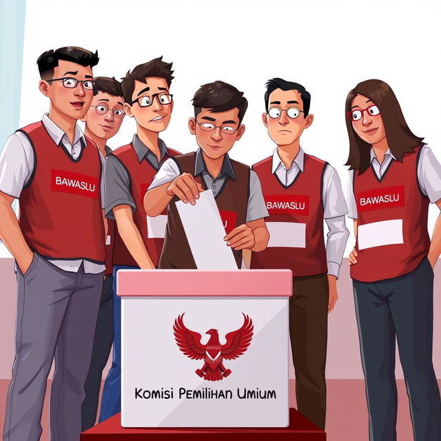 A 2D illustration featuring several election supervisors in Indonesia wearing vests labeled 'Bawaslu'