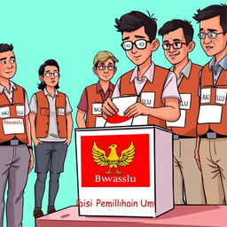 A 2D illustration featuring several election supervisors in Indonesia wearing vests labeled 'Bawaslu'