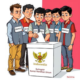 A 2D illustration featuring several election supervisors in Indonesia wearing vests labeled 'Bawaslu'