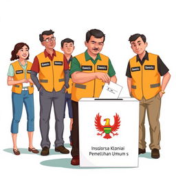 A 2D illustration of several election supervisors in Indonesia wearing vests labeled 'Bawaslu'