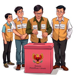 A 2D illustration of several election supervisors in Indonesia wearing vests labeled 'Bawaslu'
