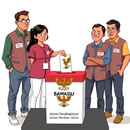 A 2D illustration of several election supervisors in Indonesia wearing vests labeled 'Bawaslu'