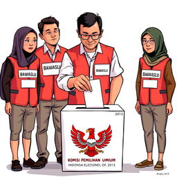 A 2D illustration of several election supervisors in Indonesia wearing vests labeled 'Bawaslu'