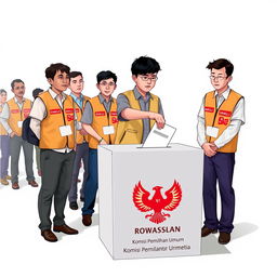 A 2D illustration showing several election supervisors in Indonesia, all wearing vests marked 'Bawaslu'