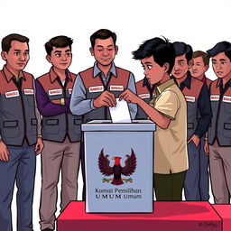 A 2D illustration showing several election supervisors in Indonesia, all wearing vests marked 'Bawaslu'