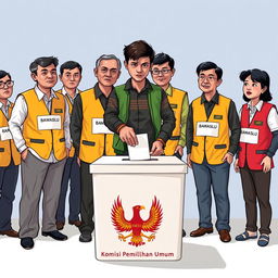 A 2D illustration showing several election supervisors in Indonesia, all wearing vests marked 'Bawaslu'