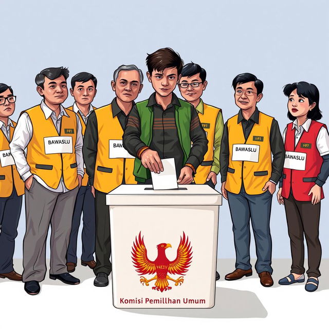 A 2D illustration showing several election supervisors in Indonesia, all wearing vests marked 'Bawaslu'