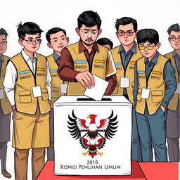 A 2D illustration showing several election supervisors in Indonesia, all wearing vests marked 'Bawaslu'