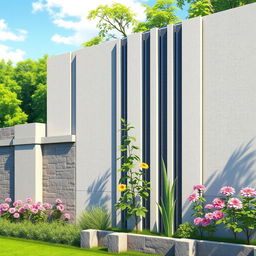 A detailed architectural illustration of a compound wall elevation design featuring elegant grooves