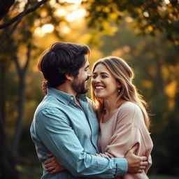 A romantic scene depicting a couple sharing an intimate moment in a beautiful outdoor setting, surrounded by nature