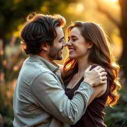 A romantic scene depicting a couple sharing an intimate moment in a beautiful outdoor setting, surrounded by nature