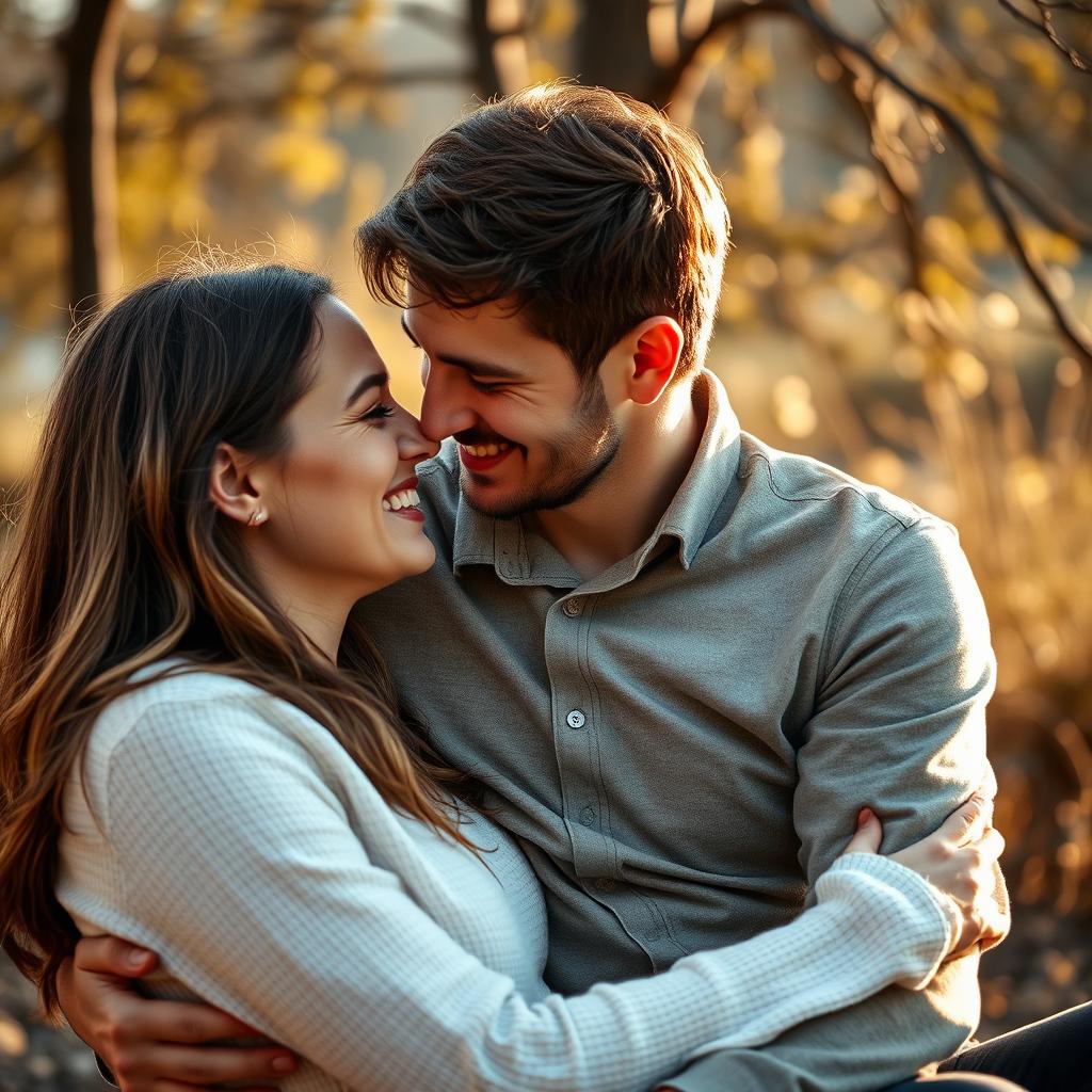 A romantic scene depicting a couple sharing an intimate moment in a beautiful outdoor setting, surrounded by nature