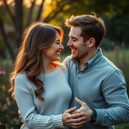 A romantic scene depicting a couple sharing an intimate moment in a beautiful outdoor setting, surrounded by nature