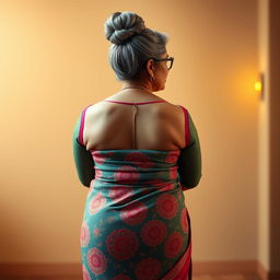 A stunningly beautiful Indian woman, 55 years old, with dusky skin and grey hairs styled in a bun, wearing stylish glasses