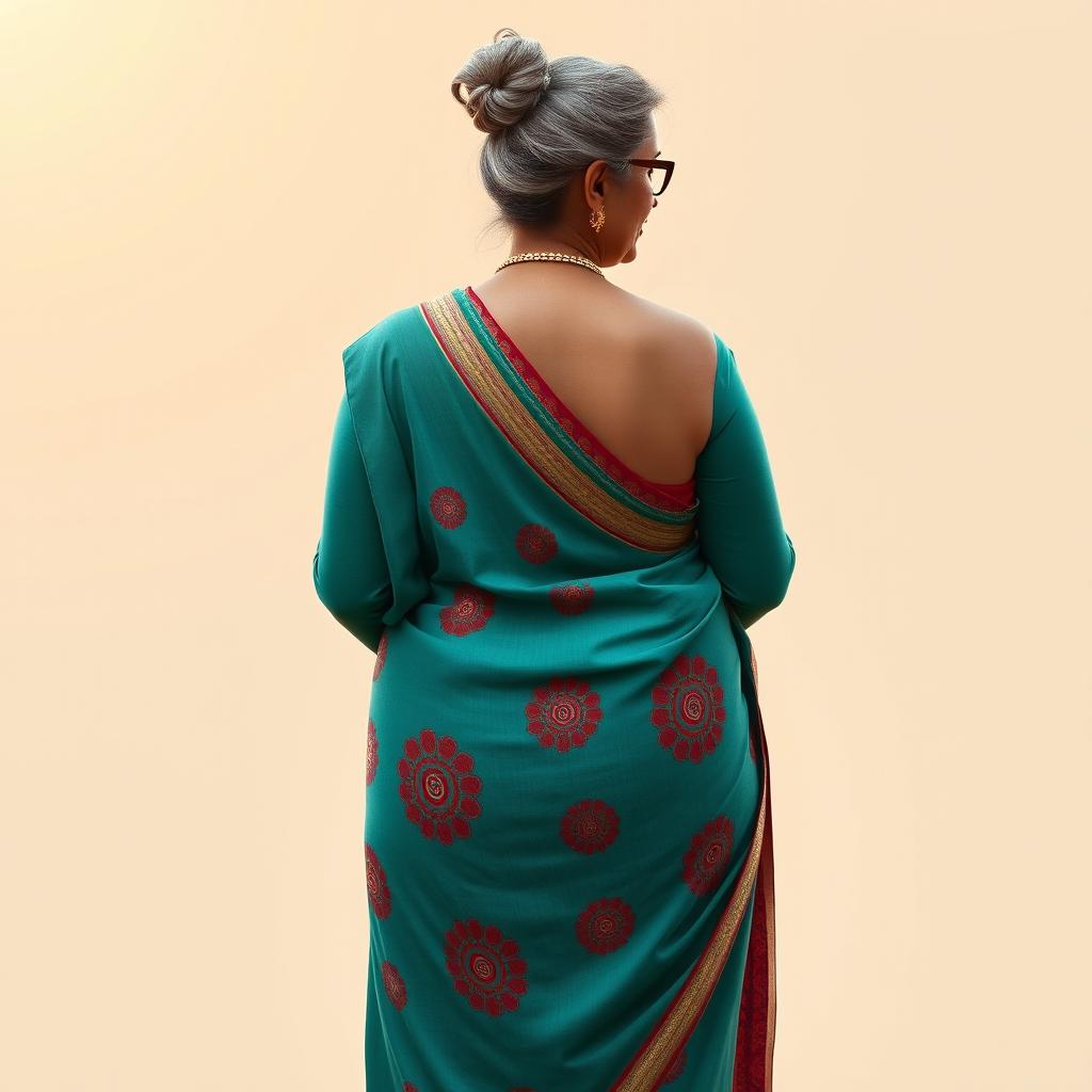 A stunningly beautiful Indian woman, 55 years old, with dusky skin and grey hairs styled in a bun, wearing stylish glasses