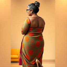 A stunningly beautiful Indian woman, 55 years old, with dusky skin and grey hairs styled in a bun, wearing stylish glasses