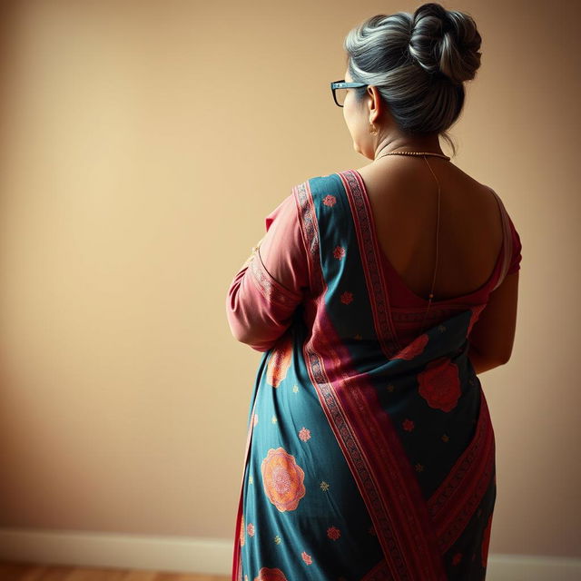 A stunningly beautiful Indian woman, 55 years old, with dusky skin and grey hairs styled in a bun, wearing stylish glasses