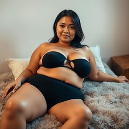 A beautiful Indonesian woman with a plump body and big breasts, wearing elegant black underwear and stylish shorts, comfortably lying on a fluffy bed with a soft background