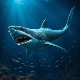 A realistic depiction of a Megalodon, the prehistoric giant shark, swimming majestically in the deep ocean