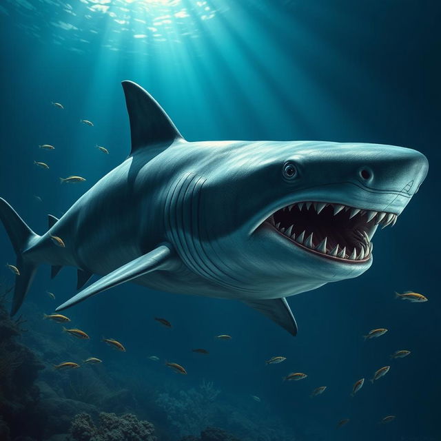 A realistic depiction of a Megalodon, the prehistoric giant shark, swimming majestically in the deep ocean