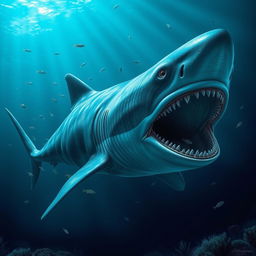 A realistic depiction of a Megalodon, the prehistoric giant shark, swimming majestically in the deep ocean