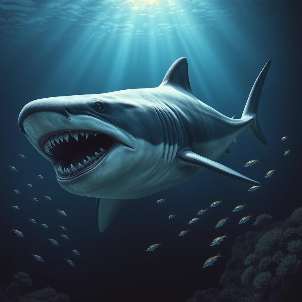 A realistic depiction of a Megalodon, the prehistoric giant shark, swimming majestically in the deep ocean