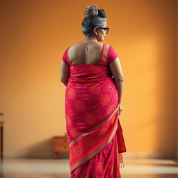 A stunningly beautiful Indian woman, 55 years old, with dusky skin and grey hairs styled in a bun, wearing stylish glasses