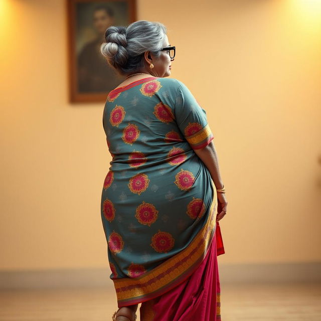 A stunningly beautiful Indian woman, 55 years old, with dusky skin and grey hairs styled in a bun, wearing stylish glasses