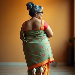 A stunningly beautiful Indian woman, 55 years old, with dusky skin and grey hairs styled in a bun, wearing stylish glasses