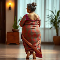 A stunningly beautiful Indian woman, 55 years old, with dusky skin and grey hairs styled in a bun, wearing stylish glasses