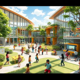 A concept design for a modern school, featuring innovative architecture with large glass windows, green spaces, and eco-friendly materials