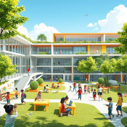 A concept design for a modern school, featuring innovative architecture with large glass windows, green spaces, and eco-friendly materials
