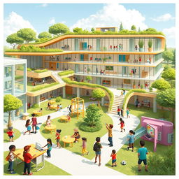 A concept design for a modern school, featuring innovative architecture with large glass windows, green spaces, and eco-friendly materials