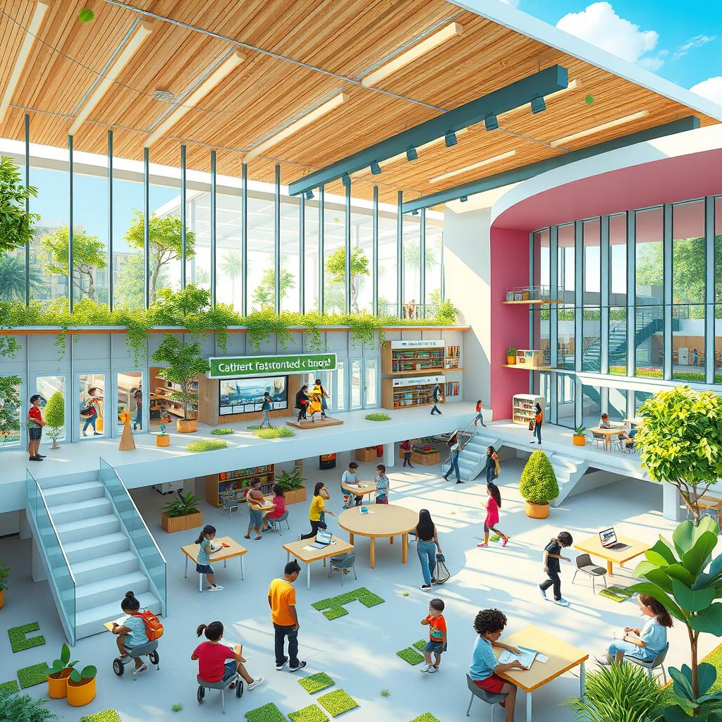 A concept design for a modern school, featuring innovative architecture with large glass windows, green spaces, and eco-friendly materials