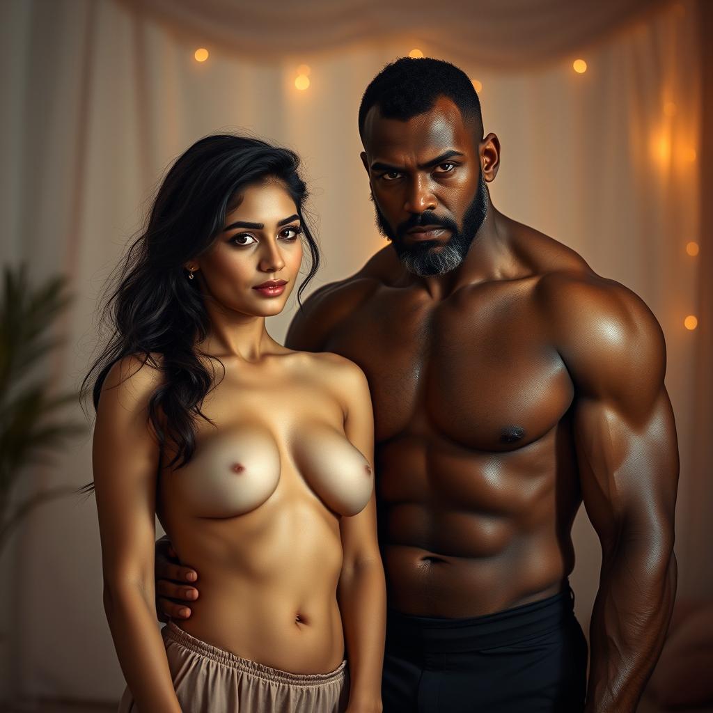 A hot and sultry couple photoshoot featuring a shy, 22-year-old Arab girl with a gracefulness in her demeanor, posing confidently but subtly, showcasing her bare navel