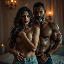 A hot and sultry couple photoshoot featuring a shy, 22-year-old Arab girl with a gracefulness in her demeanor, posing confidently but subtly, showcasing her bare navel