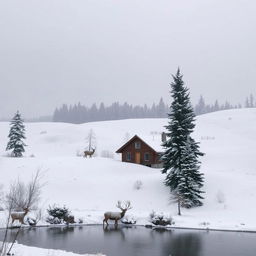 A serene winter landscape featuring a soft blanket of fresh, white snow covering rolling hills, delicate snowflakes gently falling from a grey sky