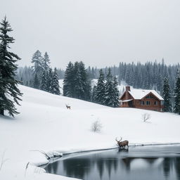 A serene winter landscape featuring a soft blanket of fresh, white snow covering rolling hills, delicate snowflakes gently falling from a grey sky