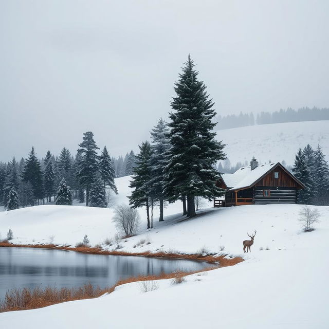 A serene winter landscape featuring a soft blanket of fresh, white snow covering rolling hills, delicate snowflakes gently falling from a grey sky