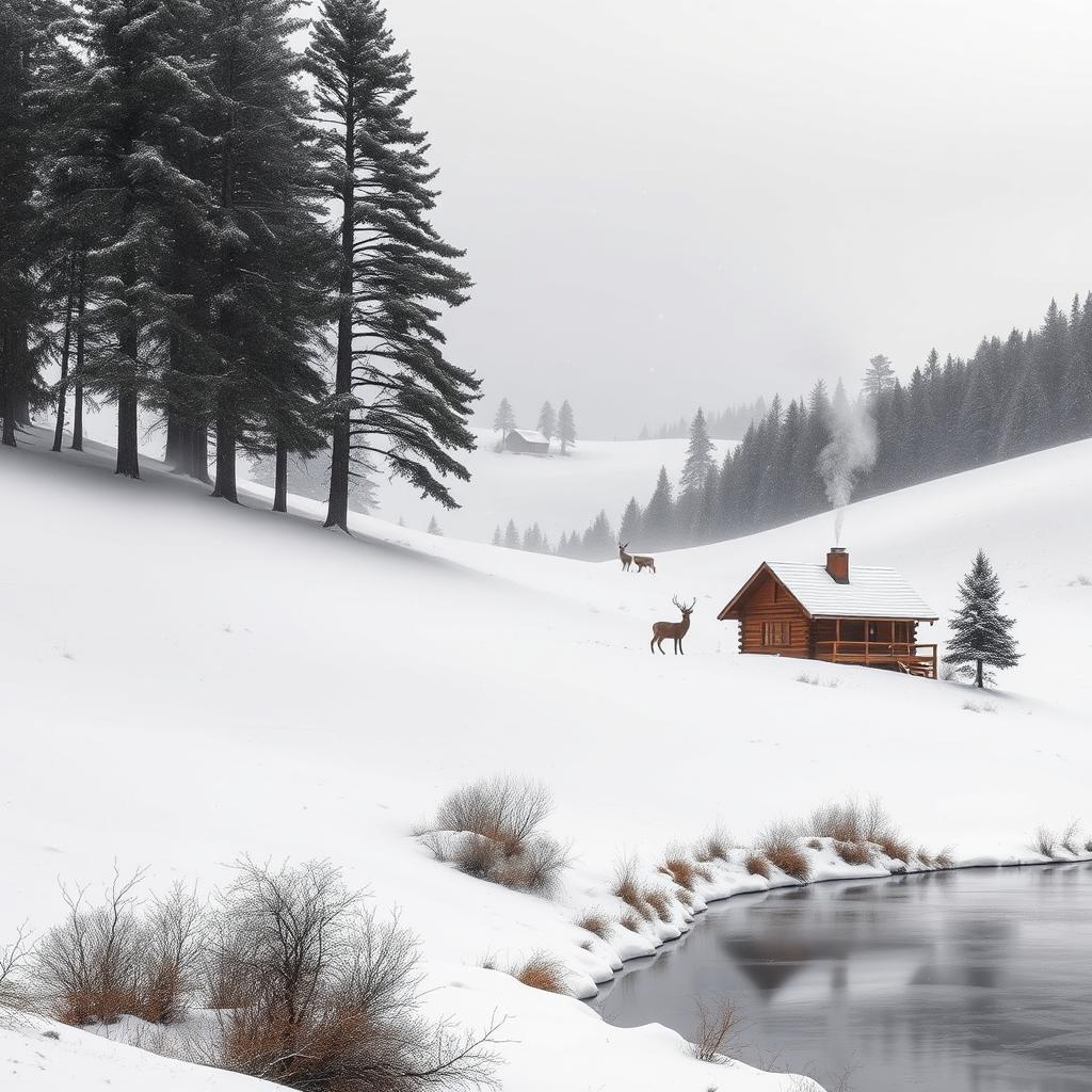 A serene winter landscape featuring a soft blanket of fresh, white snow covering rolling hills, delicate snowflakes gently falling from a grey sky