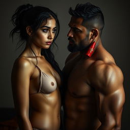 A hot and sultry couple photoshoot featuring a 22-year-old shy Arab girl with her wet naked navel subtly highlighted as she stands facing the camera, exuding a blend of vulnerability and allure