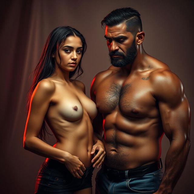 A hot and sultry couple photoshoot featuring a 22-year-old shy Arab girl with her wet naked navel subtly highlighted as she stands facing the camera, exuding a blend of vulnerability and allure