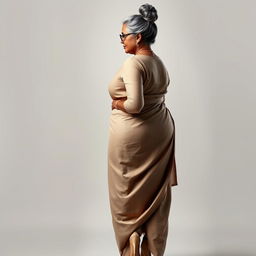 A stunningly beautiful Indian woman, 55 years old, with dusky skin and grey hairs styled in a bun, wearing stylish glasses