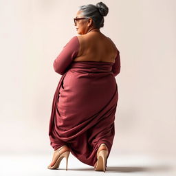 A stunningly beautiful Indian woman, 55 years old, with dusky skin and grey hairs styled in a bun, wearing stylish glasses