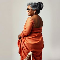 A stunningly beautiful Indian woman, 55 years old, characterized by her dusky skin and gracefully styled grey hairs in a bun